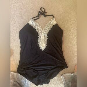 Sexy sea angel black one piece bathing suit with plunging lace neckline NWOT